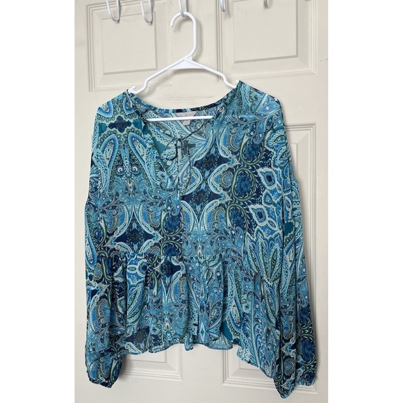 belle sky Tops - Belle Sky Sheer Ruffle Blouse Turquoise Paisley Womens M Whimsy Boho